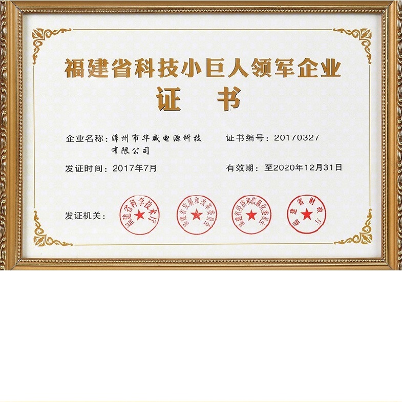 漳州市華威電源榮獲福建省“科技小巨人領(lǐng)軍企業(yè)”榮譽(yù)稱號(hào)。